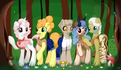 Size: 1280x744 | Tagged: safe, artist:appleneedle, derpibooru import, oc, bee, butterfly, earth pony, insect, original species, pony, unicorn, art, brony, cellshaded, character, commission, digital, digital art, drawing, family, fanart, flower, forest, grass, mushroom, paint, painting, tree, trip