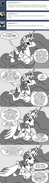 Size: 896x3321 | Tagged: safe, artist:mamatwilightsparkle, derpibooru import, princess celestia, twilight sparkle, alicorn, pony, unicorn, comic, crying, hug, implied spike, implied spike's dad, mama twilight, mama twilight sparkle, monochrome, tumblr, winghug, younger