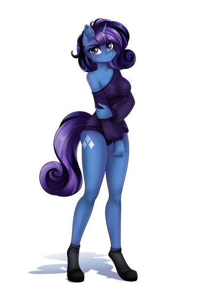 Size: 3508x5110 | Tagged: safe, artist:lifejoyart, derpibooru import, oc, oc:aurora shine (loe), unofficial characters only, anthro, unicorn, anthro oc, blushing, clothes, cutie mark, female, looking at you, mare, off shoulder, simple background, socks, solo, white background