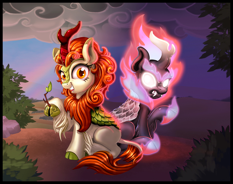 Size: 2400x1900 | Tagged: angry, artist:harwick, autumn blaze, autumn blaze's puppet, blank eyes, cloven hooves, colored hooves, derpibooru import, duality, fangs, female, glowing eyes, kirin, mane of fire, nirik, raised hoof, safe, sitting, smiling, solo, sounds of silence