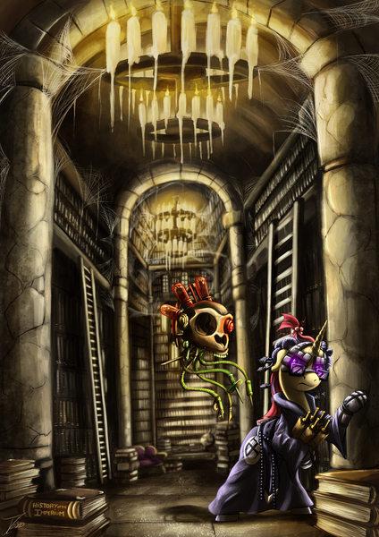 Size: 1237x1750 | Tagged: safe, artist:jamescorck, derpibooru import, moondancer, pony, unicorn, adeptus administratum, archive, augmented, book, candle, chandelier, clothes, crossover, glasses, ladder, library, robe, scroll, servo skull, spider web, warhammer (game), warhammer 40k