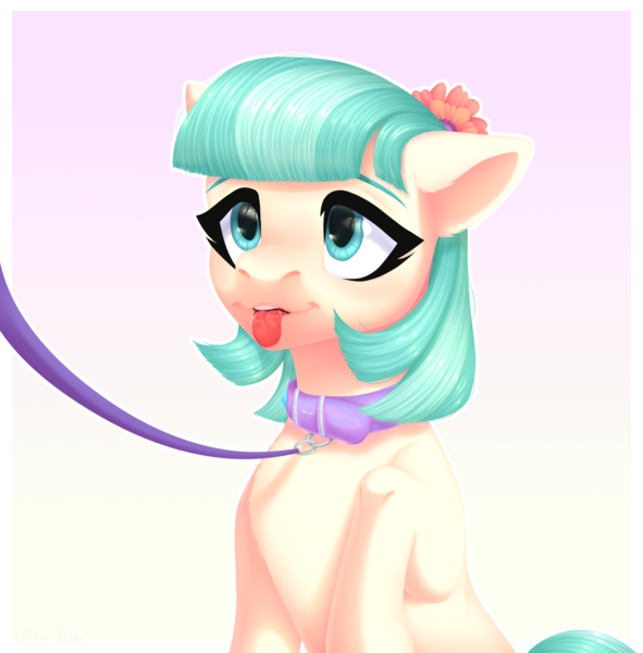 Size: 1434x1455 | Tagged: safe, artist:nika-rain, derpibooru import, coco pommel, earth pony, pony, collar, commission, leash, pet play, simple background, solo, tongue out, ych result, your character here