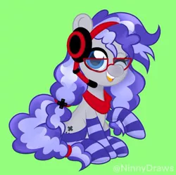 Size: 360x359 | Tagged: adorkable, artist:ninnydraws, bandana, cinnabetes, clothes, commission, cute, derpibooru import, dork, gaming headset, glasses, headphones, headset, oc, oc:cinnabyte, one eye closed, safe, smiling, socks, striped socks, unofficial characters only, wink