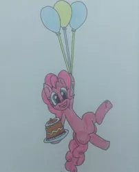 Size: 750x927 | Tagged: safe, artist:agirlwholovesmlp, derpibooru import, pinkie pie, earth pony, pony, balloon, cake, cute, dessert, diapinkes, female, food, looking at you, mare, open mouth, simple background, smiling, smiling at you, solo, traditional art, white background