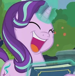Size: 736x740 | Tagged: safe, derpibooru import, screencap, starlight glimmer, pony, unicorn, memnagerie, spoiler:memnagerie, spoiler:mlp friendship is forever, book, cropped, eyes closed, faic, female, laughing, levitation, magic, mare, solo, telekinesis