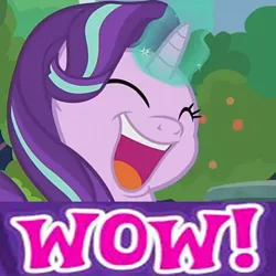 Size: 500x500 | Tagged: safe, derpibooru import, edit, edited screencap, screencap, starlight glimmer, pony, unicorn, memnagerie, spoiler:memnagerie, spoiler:mlp friendship is forever, caption, cropped, faic, gameloft, laughing, magic, meme, solo, wow! glimmer