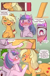 Size: 960x1440 | Tagged: suggestive, artist:cold-blooded-twilight, derpibooru import, applejack, spike, twilight sparkle, twilight sparkle (alicorn), alicorn, earth pony, pony, cold blooded twilight, comic:cold storm, alternate design, blushing, blushing profusely, comic, dialogue, drool, eye clipping through hair, female, freckles, glowing eyes, holding hooves, lesbian, shipping, smiling, speech bubble, sweat, twijack, up close