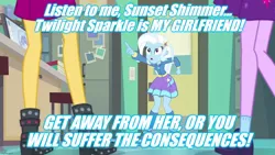 Size: 1280x720 | Tagged: safe, derpibooru import, edit, edited screencap, screencap, sci-twi, sunset shimmer, trixie, twilight sparkle, equestria girls, equestria girls series, forgotten friendship, caption, image macro, implied lesbian, implied shipping, implied sunsetsparkle, implied twixie, meme, text, trixie yells at everything