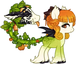 Size: 312x263 | Tagged: safe, artist:glitterring, derpibooru import, oc, oc:golden harvest, unofficial characters only, cow plant pony, monster pony, original species, plant pony, augmented tail, bat wings, bow, ear fluff, eyelashes, fangs, hair bow, hoof fluff, hoof polish, makeup, plant, simple background, smiling, tongue out, transparent background, vine, wings