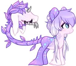 Size: 302x262 | Tagged: safe, artist:glitterring, derpibooru import, oc, unofficial characters only, cow plant pony, monster pony, original species, plant pony, augmented tail, fangs, forked tongue, hoof fluff, horn, makeup, plant, simple background, smiling, starry hair, thorns, tongue out, transparent background