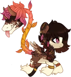 Size: 286x308 | Tagged: safe, artist:glitterring, derpibooru import, oc, unofficial characters only, cow plant pony, monster pony, original species, plant pony, augmented tail, bracelet, chest fluff, ear piercing, fangs, hoof fluff, horn, jewelry, piercing, plant, simple background, smiling, thorns, tongue out, transparent background, wings