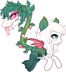 Size: 271x296 | Tagged: safe, artist:glitterring, derpibooru import, oc, unofficial characters only, cow plant pony, monster pony, original species, plant pony, augmented tail, bat wings, ear fluff, fangs, food, forked tongue, hoof fluff, plant, simple background, slit eyes, starry hair, strawberry, tongue out, transparent background, wings