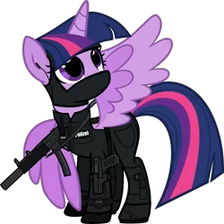 Size: 5000x4990 | Tagged: safe, artist:n0kkun, derpibooru import, part of a set, twilight sparkle, twilight sparkle (alicorn), alicorn, pony, armor, balaclava, belt, boots, clothes, commission, earpiece, female, flashlight (object), german, glock, glock 17, gloves, gun, handgun, holster, mare, mask, mp5, pants, pistol, police, pouch, radio, sek, shirt, shoes, simple background, ski mask, solo, submachinegun, transparent background, walkie talkie, watch, weapon