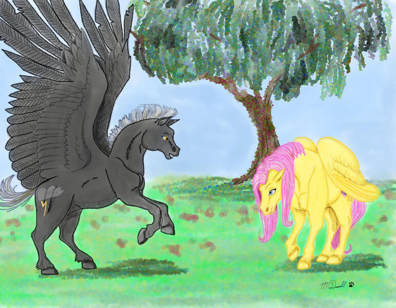 Size: 2777x2160 | Tagged: safe, artist:blutaiger, derpibooru import, fluttershy, thunderlane, pegasus, pony, female, grass, hoers, male, mare, outdoors, realistic, shipping, stallion, straight, thundershy, tree