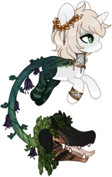 Size: 239x376 | Tagged: safe, artist:glitterring, derpibooru import, oc, unofficial characters only, cow plant pony, monster pony, original species, plant pony, augmented tail, bracelet, choker, ear fluff, fangs, forked tongue, hoof fluff, horn, jewelry, laurel wreath, open mouth, plant, simple background, slit eyes, smiling, tongue out, transparent background