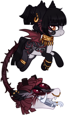 Size: 214x368 | Tagged: safe, artist:glitterring, derpibooru import, oc, unofficial characters only, cow plant pony, monster pony, original species, plant pony, augmented tail, bat wings, bracelet, ear fluff, ear piercing, earring, fangs, forked tongue, hoof fluff, jewelry, neck rings, nose piercing, nose ring, open mouth, piercing, plant, simple background, slit eyes, smiling, tongue out, transparent background, wings