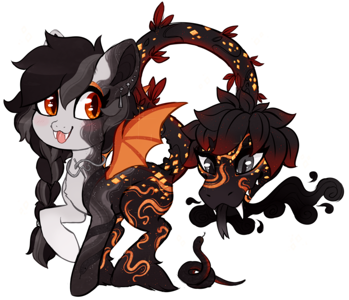 Size: 1280x1100 | Tagged: safe, artist:glitterring, derpibooru import, oc, unofficial characters only, cow plant pony, monster pony, original species, plant pony, snake, :d, augmented tail, bat wings, fangs, forked tongue, hoof fluff, plant, raised hoof, simple background, slit eyes, smiling, tongue out, transparent background, wings