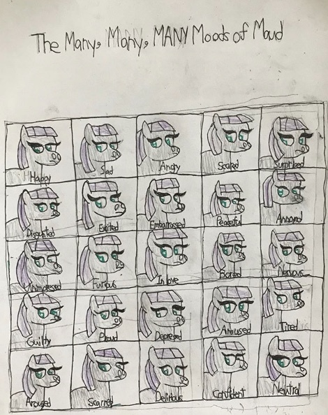 Size: 470x594 | Tagged: safe, artist:whistle blossom, deleted from derpibooru, derpibooru import, maud pie, earth pony, pony, amused, angry, annoyed, aroused, bored, confident, delirious, depressed, disgusted, embarrassed, emotion chart, excited, female, frown, furious, guilty, happy, in love, looking at you, mare, nervous, neutral, peaceful, proud, sad, scared, scarred, seems legit, simple background, solo, surprised, text, tired, traditional art, unimpressed, white background