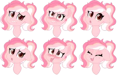 Size: 1280x818 | Tagged: safe, artist:glitterring, derpibooru import, oc, oc:peach meadow, unofficial characters only, earth pony, pony, :o, :p, angry, blushing, bust, earth pony oc, expressions, eyes closed, female, mare, open mouth, simple background, smiling, solo, tongue out, transparent background