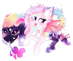 Size: 1280x1064 | Tagged: safe, artist:glitterring, derpibooru import, oc, unofficial characters only, cow plant pony, monster pony, original species, plant pony, :p, augmented tail, bat wings, collar, ear piercing, female, forked tongue, horn, piercing, plant, simple background, slit eyes, smiling, solo, starry hair, tongue out, transparent background, wings