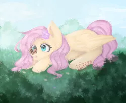 Size: 1000x820 | Tagged: safe, artist:toffeechi, derpibooru import, fluttershy, butterfly, pegasus, pony, butterfly on nose, cute, female, flower, flower in hair, grass, insect on nose, mare, prone, shyabetes, signature, solo