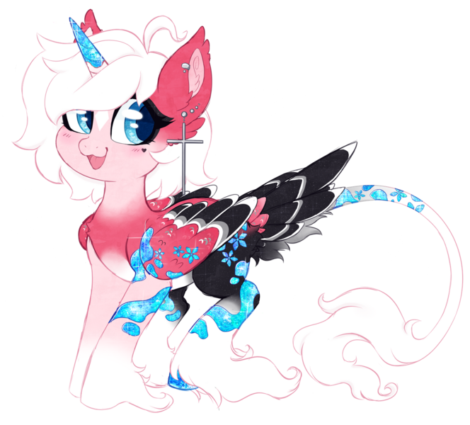 Size: 1280x1156 | Tagged: safe, artist:glitterring, derpibooru import, oc, unofficial characters only, alicorn, pony, :d, :p, alicorn oc, ear piercing, female, hoof fluff, hoof polish, horn, leonine tail, mare, piercing, simple background, solo, tongue out, transparent background, unshorn fetlocks, wings