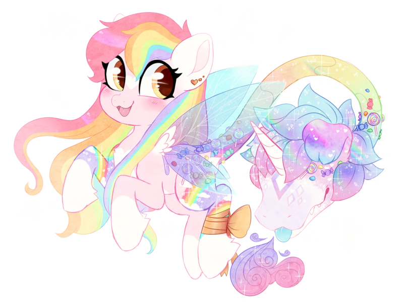 Size: 1280x961 | Tagged: safe, artist:glitterring, derpibooru import, oc, unofficial characters only, cow plant pony, monster pony, original species, plant pony, pony, :d, augmented tail, bow, butterfly wings, candy, eyelashes, fangs, female, food, horn, lollipop, markings, multicolored hair, pale belly, plant, rainbow hair, simple background, smiling, socks (coat marking), tongue out, transparent background, wings