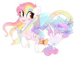 Size: 1280x961 | Tagged: safe, artist:glitterring, derpibooru import, oc, unofficial characters only, cow plant pony, monster pony, original species, plant pony, pony, :d, augmented tail, bow, butterfly wings, candy, eyelashes, fangs, female, food, horn, lollipop, markings, multicolored hair, pale belly, plant, rainbow hair, simple background, smiling, socks (coat marking), tongue out, transparent background, wings
