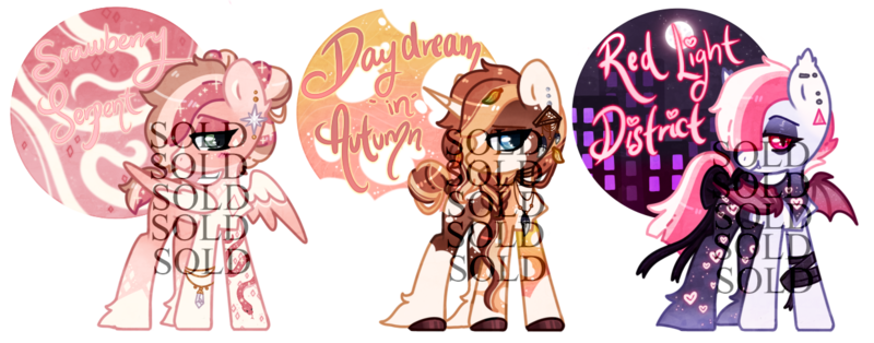 Size: 1237x486 | Tagged: safe, artist:glitterring, derpibooru import, oc, unofficial characters only, bat pony, pegasus, pony, unicorn, base used, bat pony oc, bat wings, bedroom eyes, ear piercing, female, hoof fluff, hoof polish, horn, makeup, mare, obtrusive watermark, pegasus oc, piercing, simple background, smiling, transparent background, unicorn oc, watermark, wings