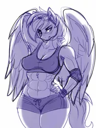 Size: 1200x1600 | Tagged: suggestive, artist:noupie, derpibooru import, rainbow dash, anthro, pegasus, abs, arm behind head, armpits, biceps, breasts, cleavage, clothes, doodle, female, goggles, goggles on head, hot pants, image, jpeg, looking at you, muscles, muscular female, rainbuff dash, shorts, simple background, sketch, sports bra, tomboy, white background, wide hips