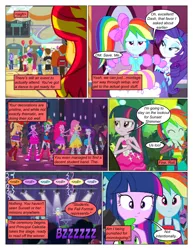 Size: 612x792 | Tagged: safe, artist:greatdinn, artist:newbiespud, derpibooru import, edit, edited screencap, screencap, applejack, fluttershy, pinkie pie, princess celestia, rainbow dash, rarity, sci-twi, sunset shimmer, twilight sparkle, comic:friendship is dragons, equestria girls, equestria girls (movie), bow, clothes, collaboration, comic, dialogue, dress, female, hair bow, humane five, humane six, makeup, principal celestia, rainbow dash always dresses in style, screencap comic, smiling, tomboy taming, unamused