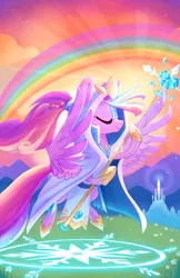 Size: 1920x2954 | Tagged: safe, artist:meekcheep, derpibooru import, idw, princess cadance, alicorn, pony, legends of magic, spoiler:comic, spoiler:comiclom9, cloak, clothes, cloud, costume, crystal empire, crystal heart, eyes closed, female, flying, hoof hold, majestic, mare, rainbow, sky, solo, spread wings, staff, wings