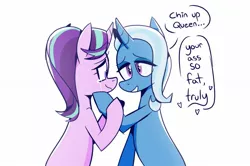 Size: 1579x1048 | Tagged: safe, artist:casettepony, artist:cassettepunk, deleted from derpibooru, derpibooru import, starlight glimmer, trixie, pony, unicorn, dialogue, eye contact, female, heart, lesbian, looking at each other, mare, shipping, simple background, sitting, speech bubble, startrix, teary eyes, touching face, white background