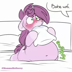 Size: 2000x2000 | Tagged: suggestive, artist:mulberrytarthorse, derpibooru import, oc, oc:huckleberry bleu, oc:mulberry tart, unofficial characters only, pony, unicorn, belly, blushing, caught, female, mare, object vore, offscreen character, pillow, stomach noise, stuffing