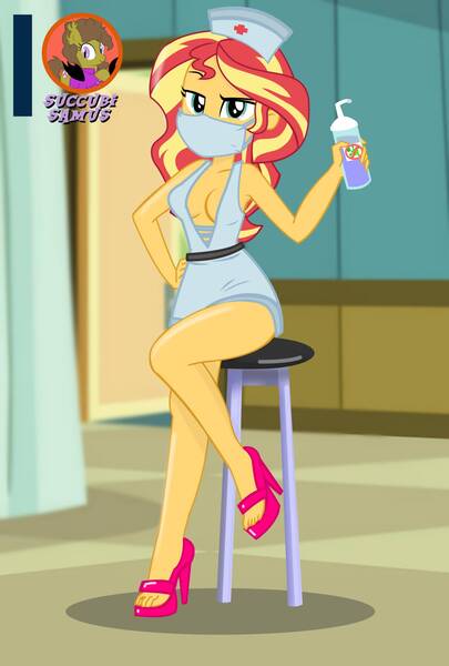 Size: 1500x2221 | Tagged: suggestive, artist:succubi samus, derpibooru import, part of a set, sunset shimmer, equestria girls, absolute cleavage, bedroom eyes, breasts, cleavage, coronavirus, covered face, covid-19, disinfectant spray, face mask, hat, helloooooo nurse, legs, looking at you, nurse hat, nurse outfit, open-toed shoes, patreon, patreon logo, patreon reward, show accurate, watermark