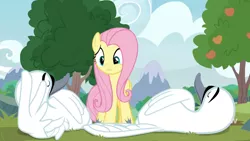Size: 1280x720 | Tagged: safe, derpibooru import, screencap, fluttershy, bird, pegasus, pony, swan, memnagerie, spoiler:memnagerie, spoiler:mlp friendship is forever, apple, apple tree, eyes closed, female, food, frown, lazy, mare, raised eyebrow, solo, tree, worried
