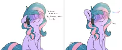 Size: 8500x3500 | Tagged: 2 panel comic, accessories, artist:fluffyxai, blushing, chest fluff, comic, derpibooru import, disgruntled, drool, earbuds, frown, hypnogear, hypnosis, hypnotized, kaa eyes, lip bite, oc, oc:berry twist, safe, simple background, sitting, smiling, solo, sweat, sweatdrop, unofficial characters only, visor, white background