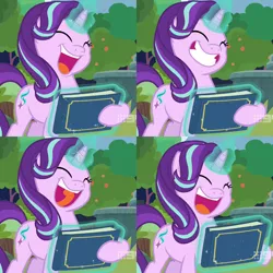 Size: 1440x1440 | Tagged: safe, derpibooru import, edit, edited screencap, screencap, starlight glimmer, pony, unicorn, memnagerie, spoiler:memnagerie, spoiler:mlp friendship is forever, cheerful, collage, compilation, cropped, cute, eyes closed, female, glimmerbetes, glowing horn, grin, hair flip, hoof hold, horn, levitation, magic, magic aura, mare, scrapbook, smiling, solo, telekinesis
