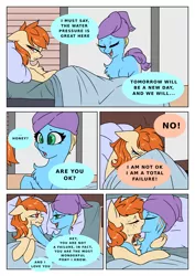 Size: 5000x7072 | Tagged: suggestive, artist:rinikka, derpibooru import, oc, oc:honeycrisp, oc:sunshine blue, unofficial characters only, earth pony, pony, comic:a safe place for us, bed, comic, crying, female, females only, kissing, lesbian, towel on head, wet, wet mane