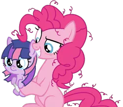 Size: 999x870 | Tagged: safe, artist:scoot11, derpibooru import, pinkie pie, oc, oc:knight stream, earth pony, pony, unicorn, baby, baby pony, base used, female, filly, grin, magical lesbian spawn, mare, messy mane, mother and child, mother and daughter, offspring, parent:pinkie pie, parent:twilight sparkle, parents:twinkie, simple background, smiling, transparent background