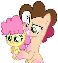 Size: 760x822 | Tagged: safe, artist:mlptmntdisneykauane, derpibooru import, li'l cheese, oc, oc:candy pie, earth pony, pony, the last problem, baby, baby pony, base used, colt, duo, eyelashes, female, grin, holding a pony, male, mare, offspring, parent:cheese sandwich, parent:pinkie pie, parents:cheesepie, siblings, simple background, smiling, transparent background, wide eyes