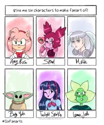 Size: 1004x1200 | Tagged: safe, artist:990110, derpibooru import, twilight sparkle, anthro, six fanarts, :p, amy rose, baby yoda, bust, clothes, crossover, eyelashes, lemon jade (steven universe), melia antiqua, one eye closed, smiling, sonic the hedgehog (series), spinel (steven universe), steven universe, the mandalorian, tongue out, wink