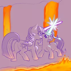 Size: 2200x2200 | Tagged: safe, artist:crade, derpibooru import, starlight glimmer, twilight sparkle, twilight sparkle (alicorn), alicorn, pony, unicorn, duo, female, fight, lava, lightsaber, mare, star wars, weapon