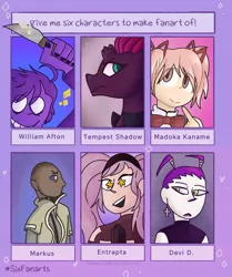 Size: 857x1024 | Tagged: safe, artist:luxaaj, derpibooru import, tempest shadow, human, pony, unicorn, six fanarts, :d, bowtie, broken horn, bust, clothes, crossover, dark skin, detroit: become human, female, five nights at freddy's, horn, knife, madoka kaname, magical girl, male, mare, puella magi madoka magica, she-ra, smiling, starry eyes, white eyes, william afton, wingding eyes