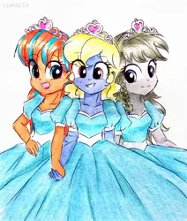 Size: 2159x2548 | Tagged: safe, artist:liaaqila, derpibooru import, oc, oc:azure/sapphire, oc:cold front, oc:disty dusk, unofficial characters only, equestria girls, what lies beneath, clothes, crossdressing, dress, femboy, male, princess dress