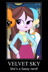 Size: 1600x2401 | Tagged: safe, derpibooru import, bright idea, crimson napalm, scribble dee, velvet sky, equestria girls, equestria girls (movie), background human, caption, clothes, hand on hip, meme, sassy, scarf, sweater, turtleneck