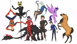 Size: 1080x619 | Tagged: alicorn, artist:aluramoon_, clothes, costume, crossover, derpibooru import, dragon, fist bump, flying, hanging, horse, how to train your dragon, human, jack frost, levitation, magic, male, miraculous ladybug, rearing, safe, self-levitation, simple background, spider-man, spirit (character), staff, telekinesis, toothless the dragon, twilight sparkle, twilight sparkle (alicorn), white background