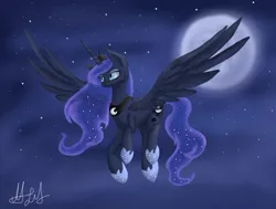 Size: 831x629 | Tagged: safe, artist:aluramoon_, derpibooru import, princess luna, alicorn, pony, ethereal mane, female, flying, full moon, galaxy mane, hoof shoes, jewelry, mare, moon, night, peytral, signature, solo, spread wings, stars, tiara, wings