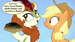 Size: 1280x720 | Tagged: applejack, applejack's hat, autumn blaze, awwtumn blaze, bread, burnt, cowboy hat, cute, derpibooru import, edit, edited screencap, food, hat, implied nirik, safe, screencap, sounds of silence, speech, speech bubble, talking