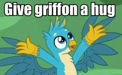 Size: 332x204 | Tagged: safe, derpibooru import, edit, edited screencap, screencap, gallus, gryphon, what lies beneath, arms in the air, arms spread out, bronybait, caption, chest fluff, claws, cropped, cute, gallabetes, hug request, image macro, male, meme, smiling, solo, spread wings, text, wings